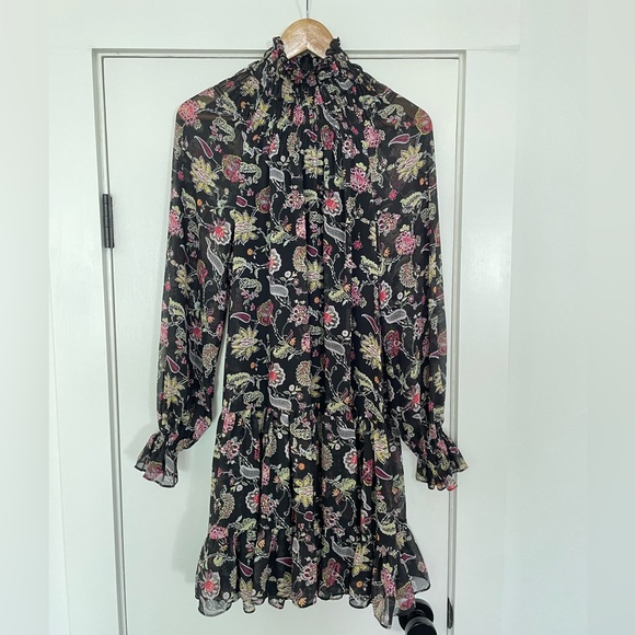 CINQ A SEPT | Black Floral Ruffle Smocked Dress, Size 4, Excellent Condition - Picture 3 of 9